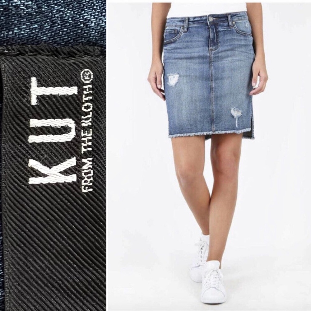 KUT from the Kloth Connie Skirt High Low Fray Hem Denim Jean Skirt Size 00